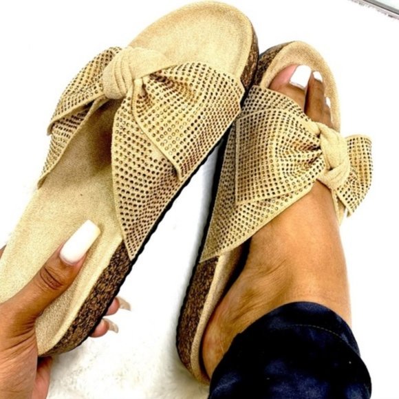 Shoes - Embellished Bow Cork Slides in Beige